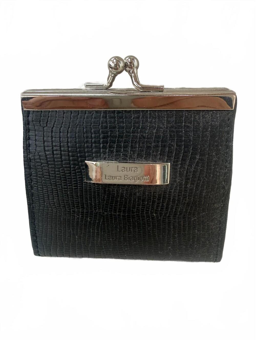 VINTAGE LAURA BIAGIOTTI BLACK LEATHER COIN PURSE LIZARD EMBOSSED KISS LOCK ITALY